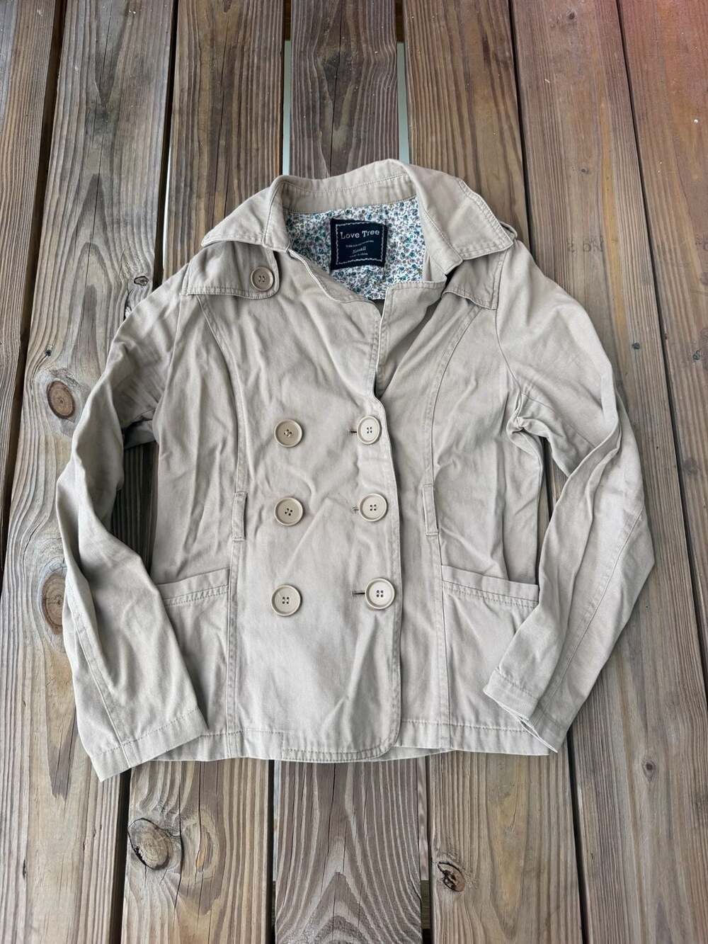 Love Tree Beige Double-Breasted Pea Coat Jacket, Size Small
